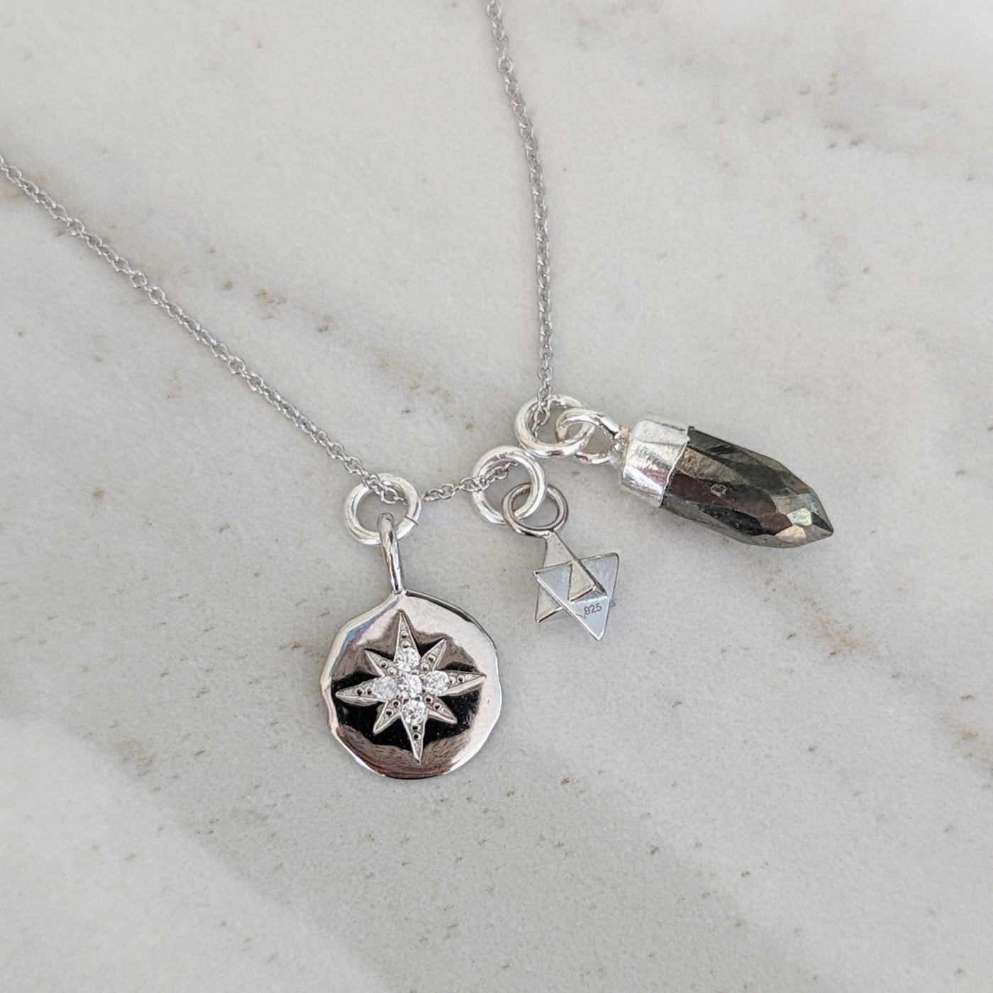 Pyrite, tetrahedron and celestial star disc sterling silver necklace