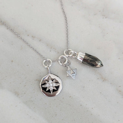 Pyrite, tetrahedron and celestial star disc sterling silver necklace