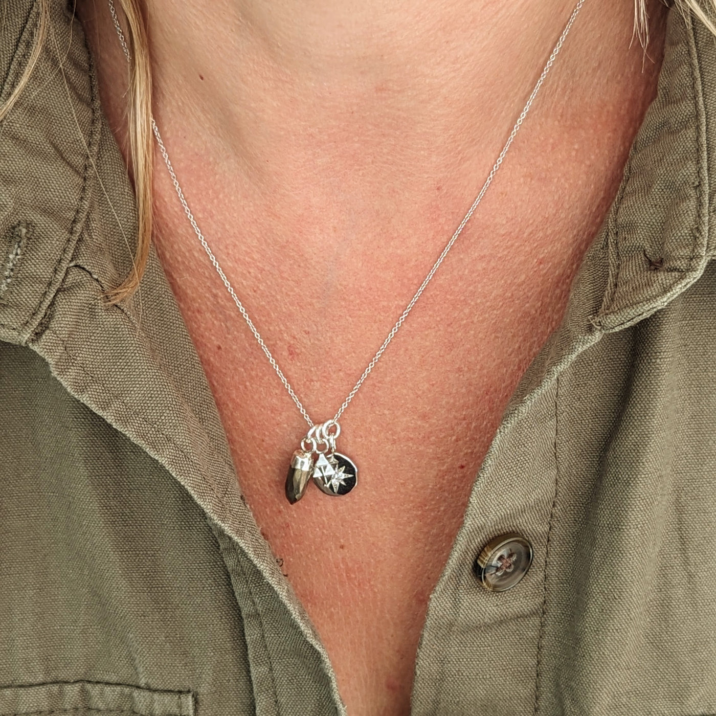 18 inch pyrite, tetrahedron and celestial star disc sterling silver necklace