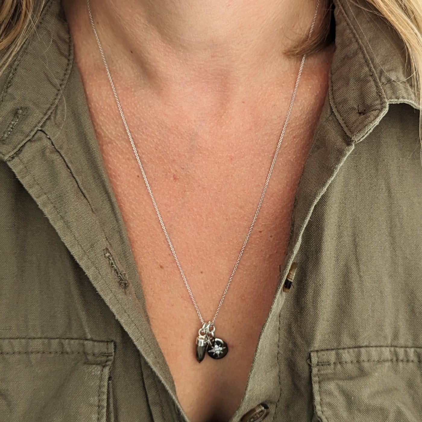 20 inch pyrite, tetrahedron and celestial star disc sterling silver necklace