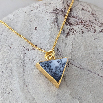 gold plated dendritic agate triangular pendant necklace