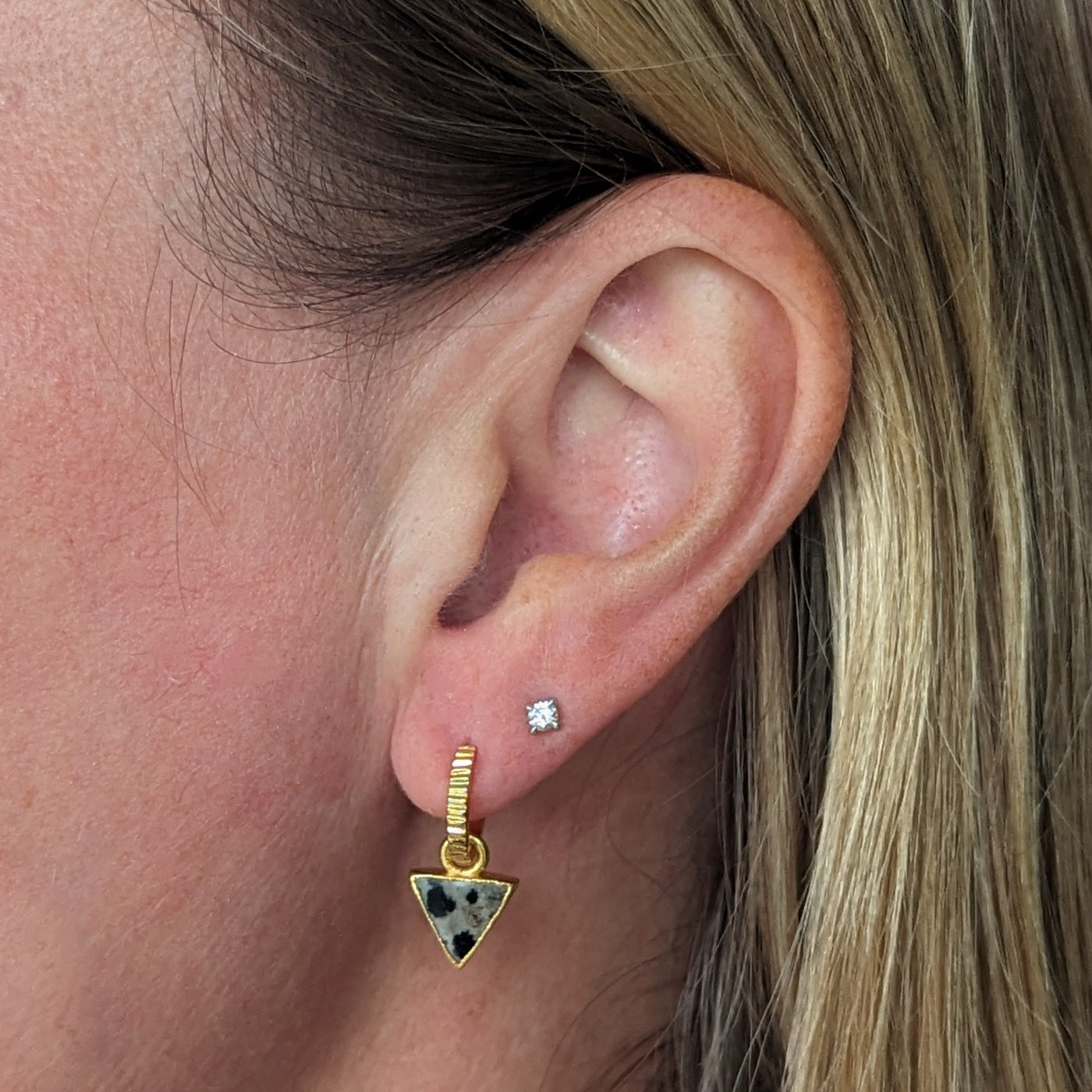The Triangle Dalmatian Jasper Gemstone Hoop Earrings - 18ct Gold Plated