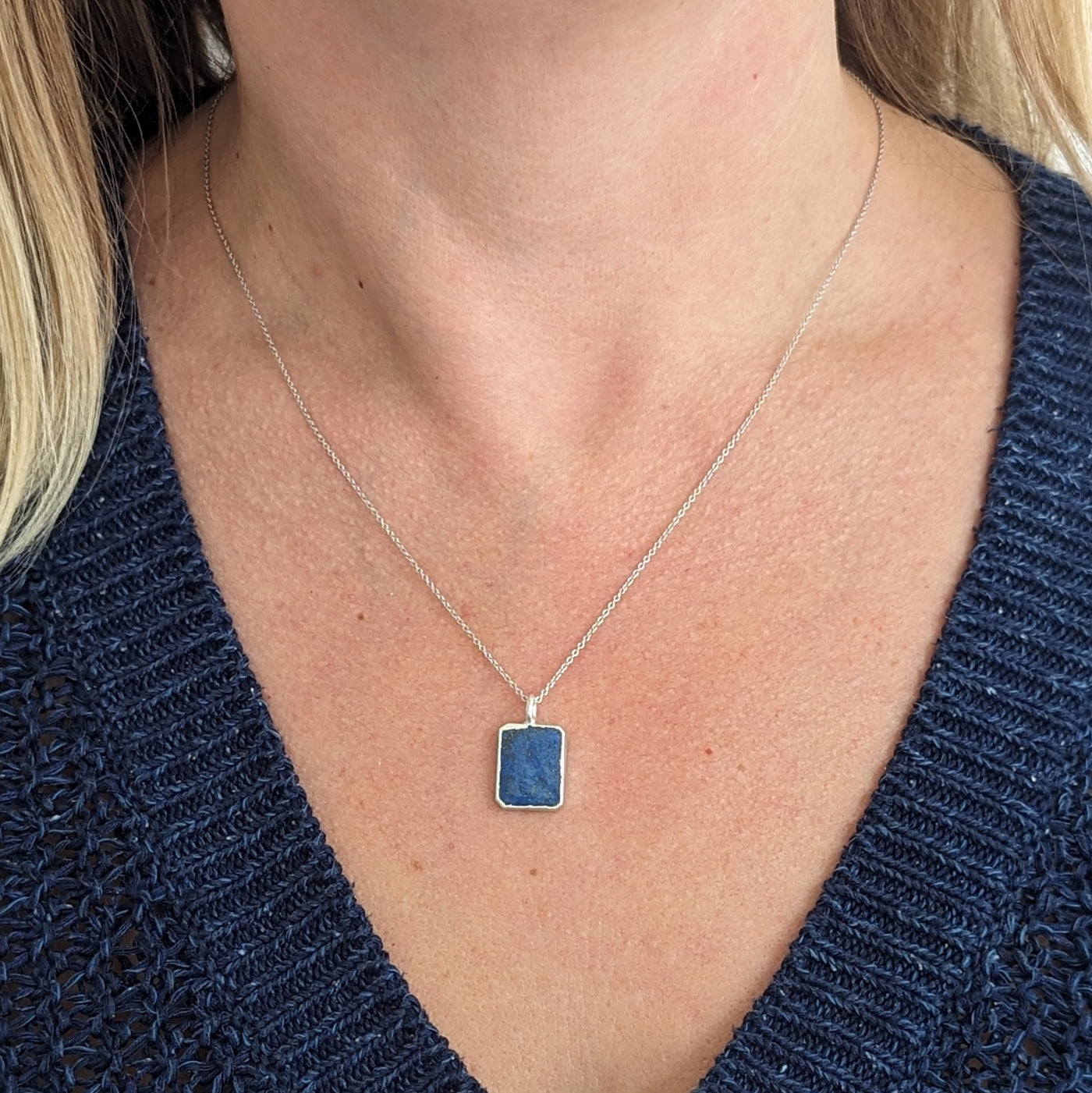 The Rectangle Lapis Lazuli Gemstone Necklace - Sterling Silver