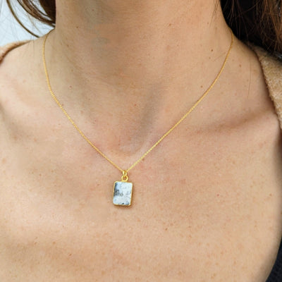 Gold plated dendritic agate rectangular pendant necklace