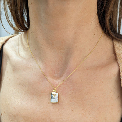Gold plated dendritic agate and palm tree charm pendant necklace