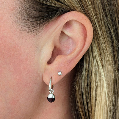 silver garnet January birthstone hoop earrings