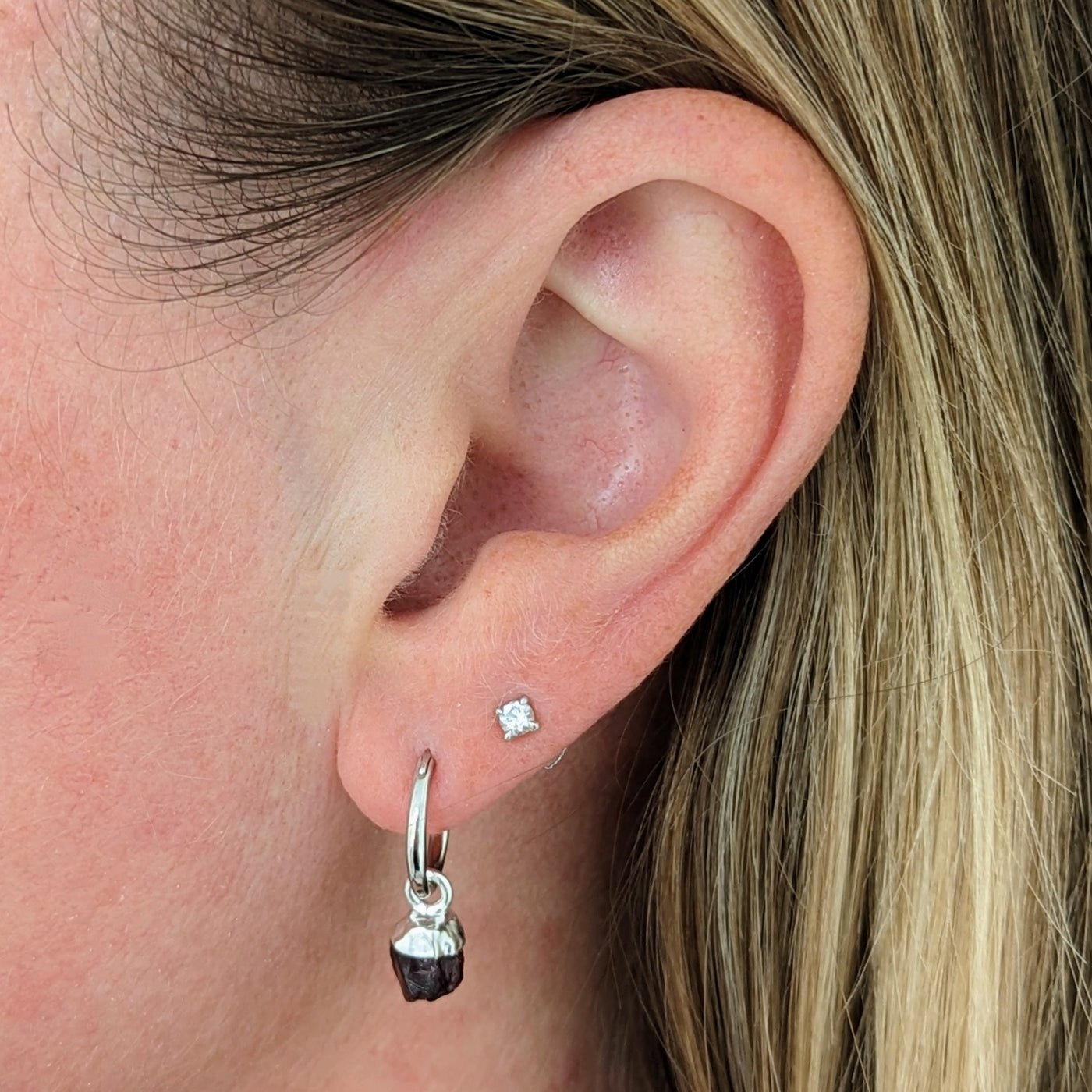 silver garnet January birthstone hoop earrings