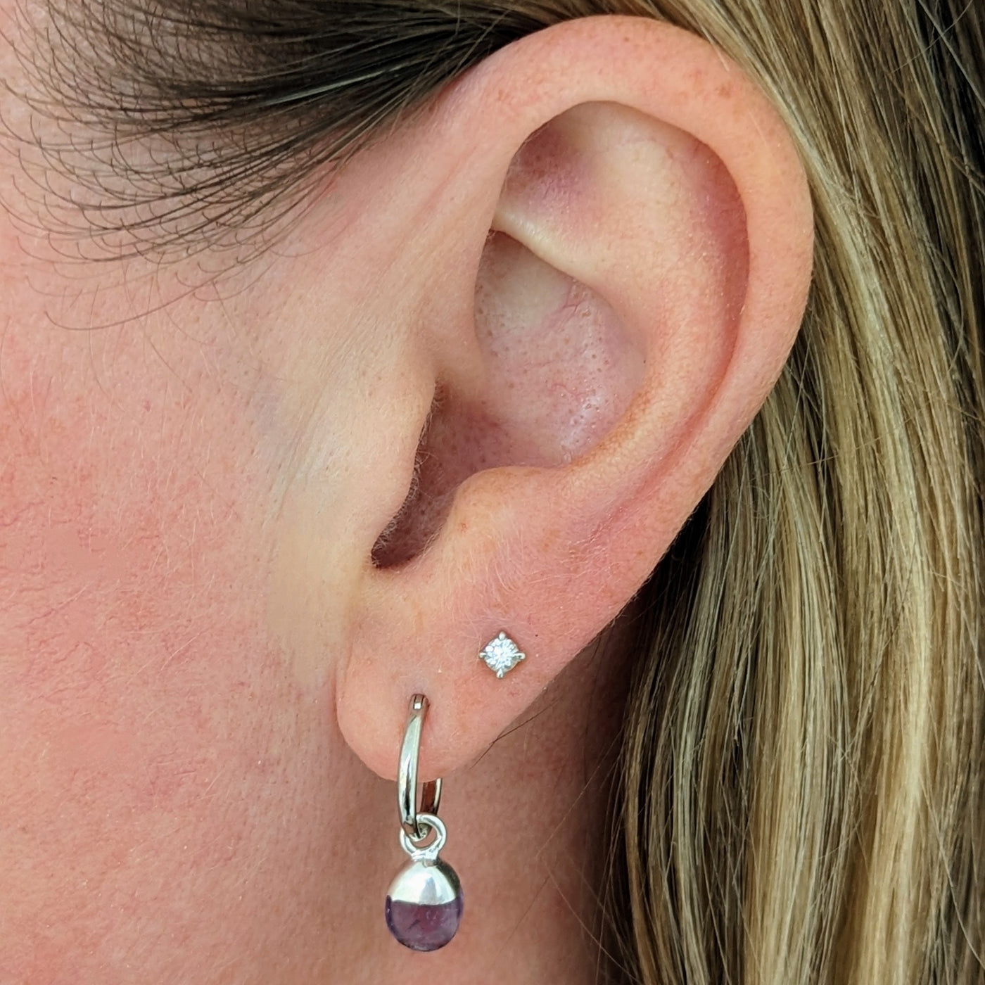 silver amethyst February birthstone hoop earrings