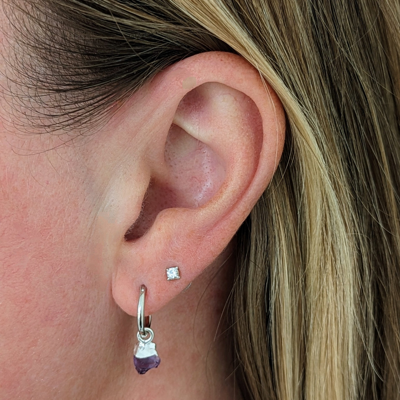 silver amethyst February birthstone hoop earrings