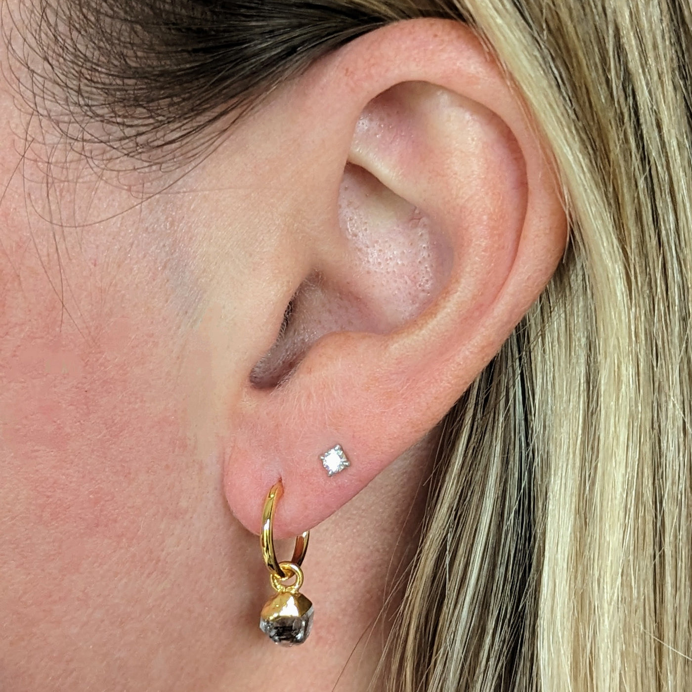 gold plated herkimer diamond April birthstone hoop earrings