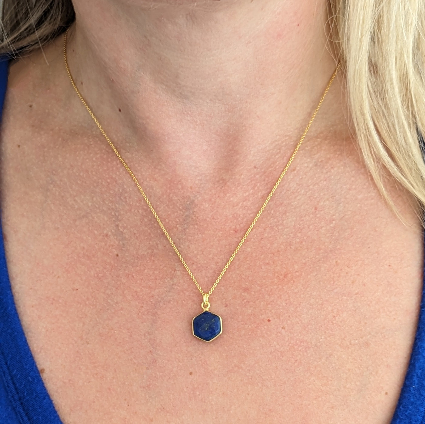 Gold plated lazuli hexagon pendant necklace