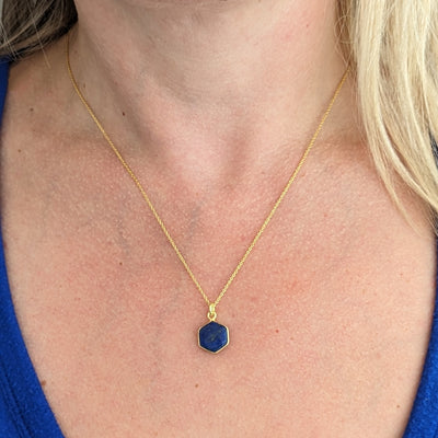 Gold plated lazuli hexagon pendant necklace