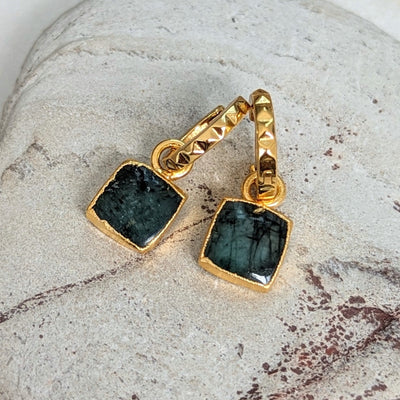 Gold plated square charm emerald earrings