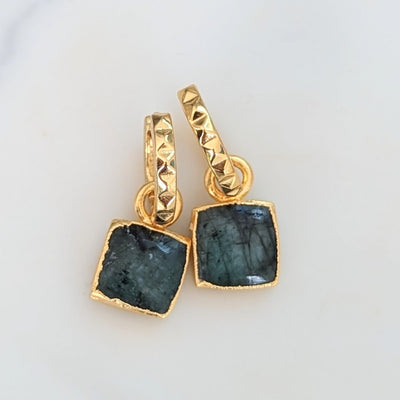 Gold plated square charm emerald earrings