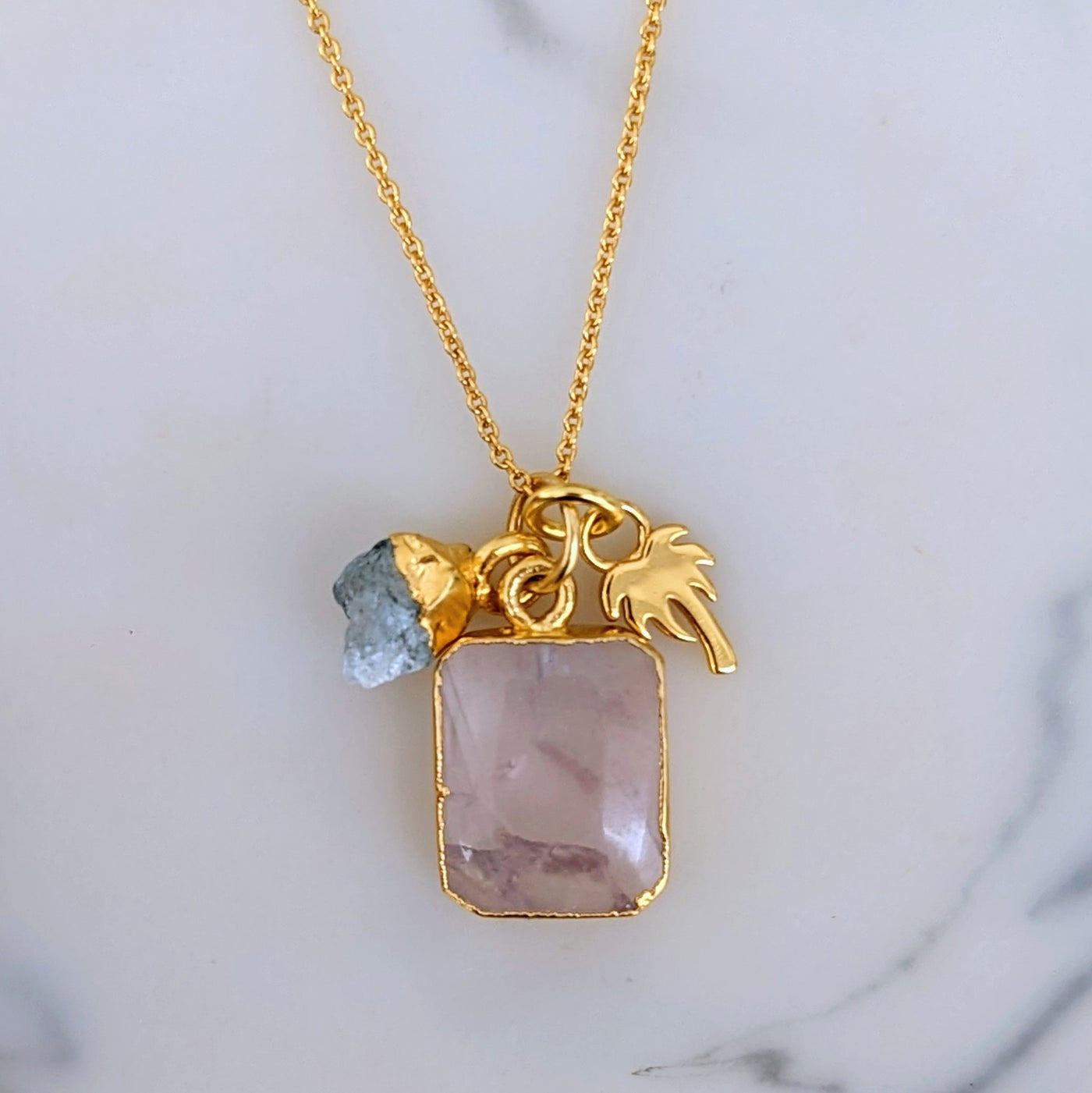 gold rose quartz and aquamarine and palm tree charm gemstone pendant necklace