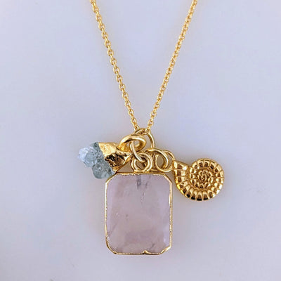 gold rose quartz and aquamarine and ammonite gemstone pendant necklace