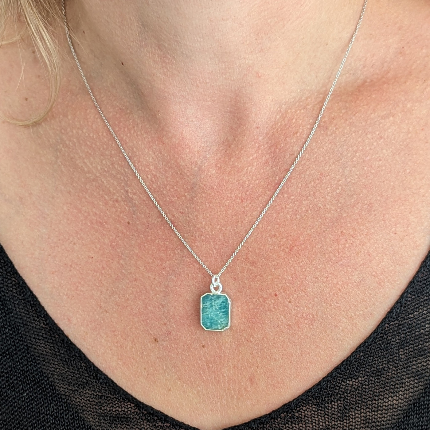 Amazonite sterling silver plated rectangular pendant necklace