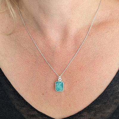 Amazonite sterling silver plated rectangular pendant necklace