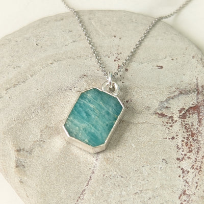 Amazonite sterling silver plated rectangular pendant necklace