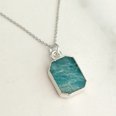 Amazonite sterling silver plated rectangular pendant necklace