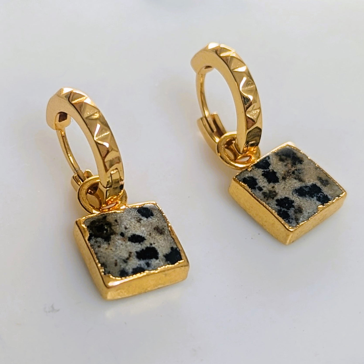 Gold plated dalmatian jasper gemstone charm hoop earrings