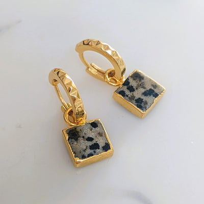 Gold plated dalmatian jasper gemstone charm hoop earrings