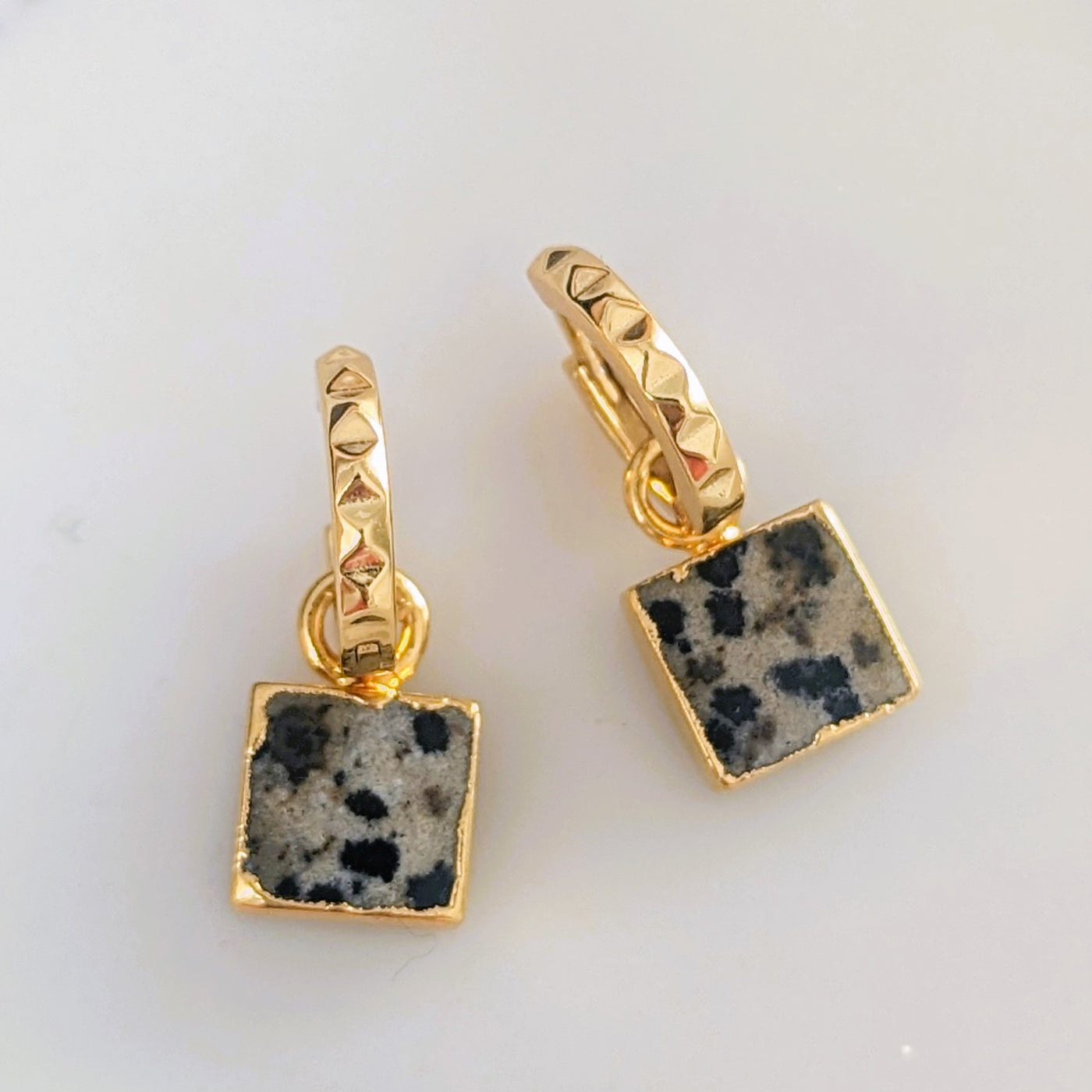 Gold plated dalmatian jasper gemstone charm hoop earrings