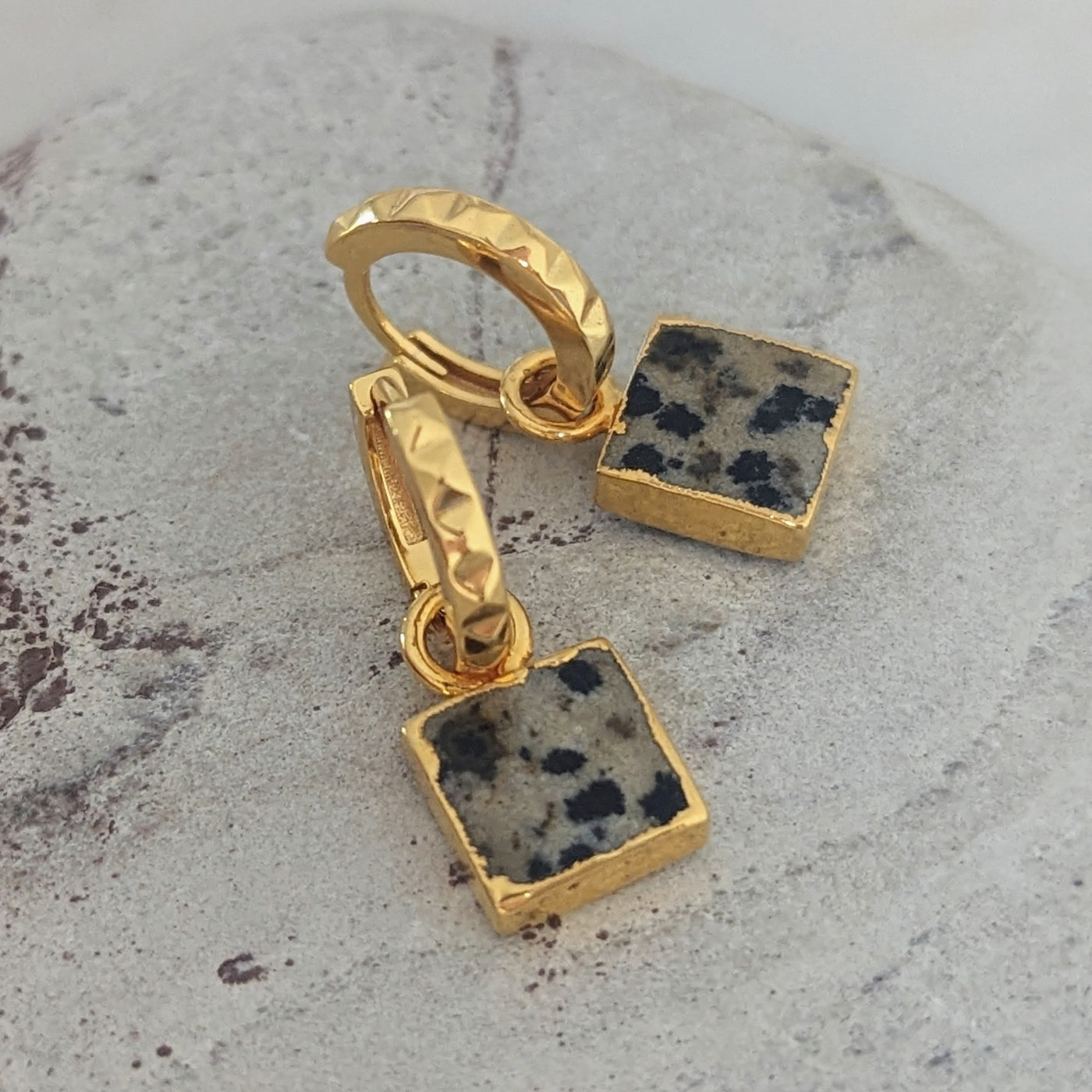 Gold plated dalmatian jasper gemstone charm hoop earrings