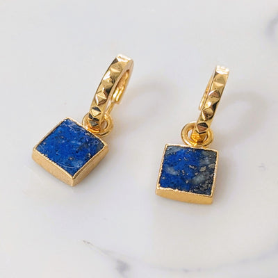 18 carat gold plated lapis lazuli square charm earrings