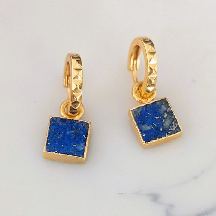 18 carat gold plated lapis lazuli square charm earrings