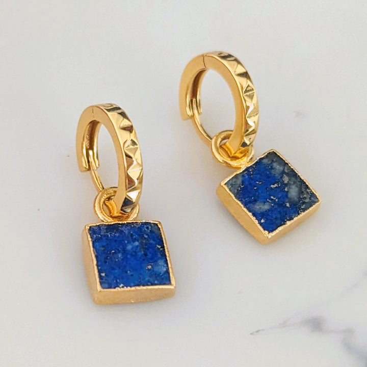 18 carat gold plated lapis lazuli square charm earrings