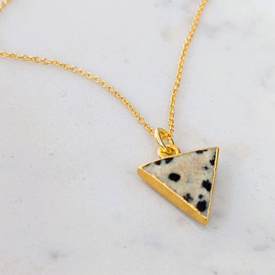 gold plated dalmatian jasper triangular pendant necklace