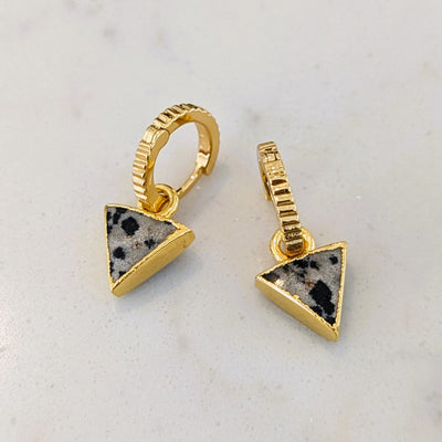 Gold plated Dalmatian Jasper triangle charm hoop earrings