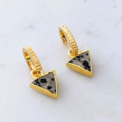 Gold plated Dalmatian Jasper triangle charm hoop earrings
