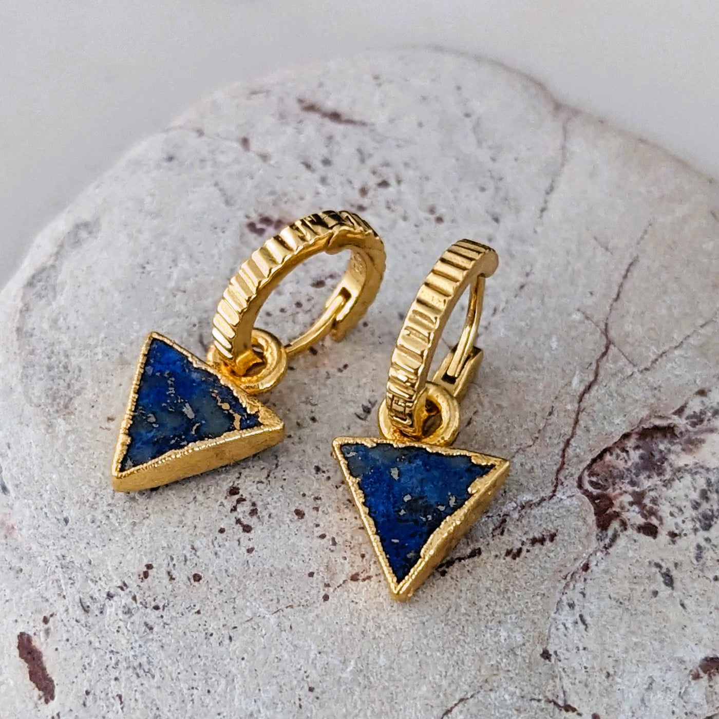 Lapis Lazuli gold plated triangular charm hoop earrings