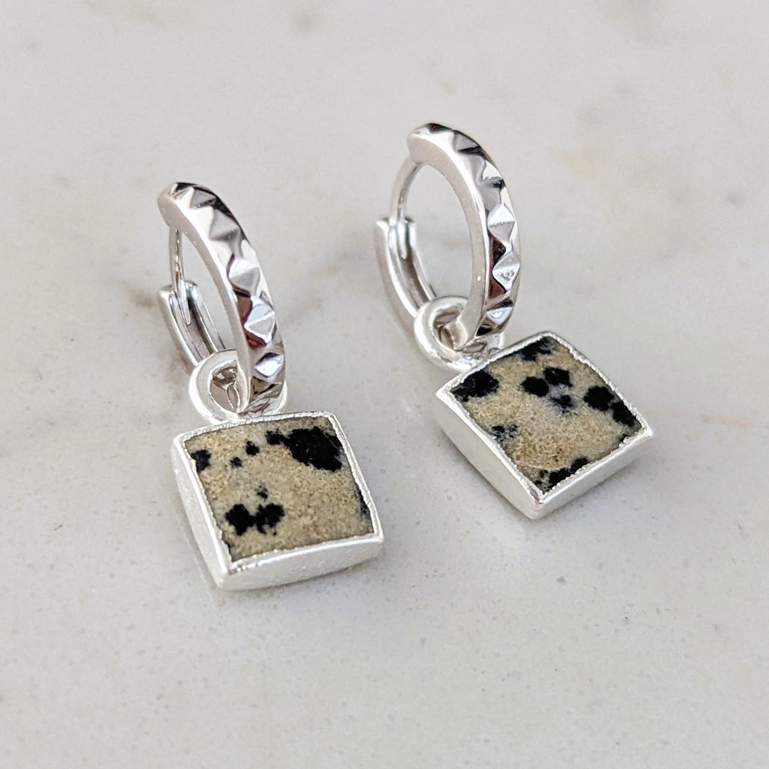 silver dalmatian jasper square charm earrings
