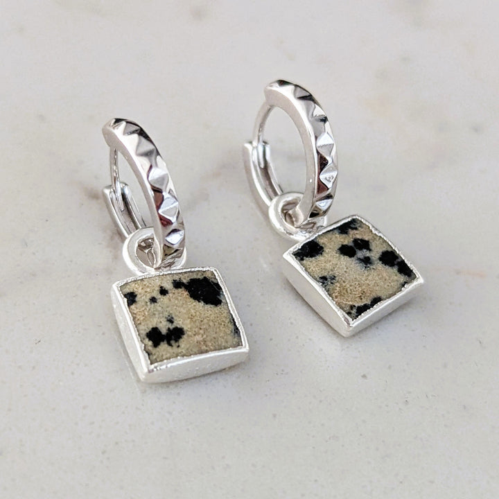 silver dalmatian jasper square charm earrings