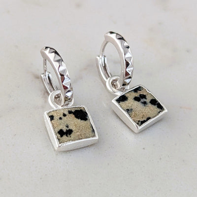 silver dalmatian jasper square charm earrings