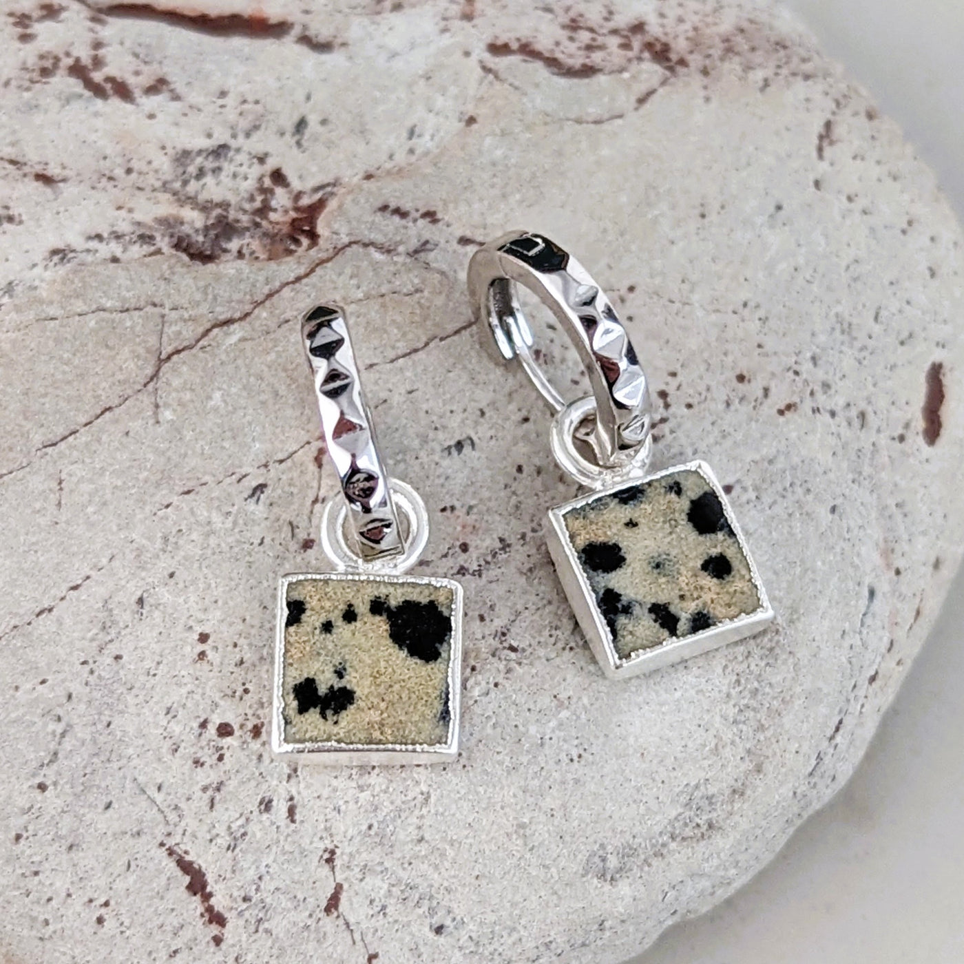 silver dalmatian jasper square charm earrings