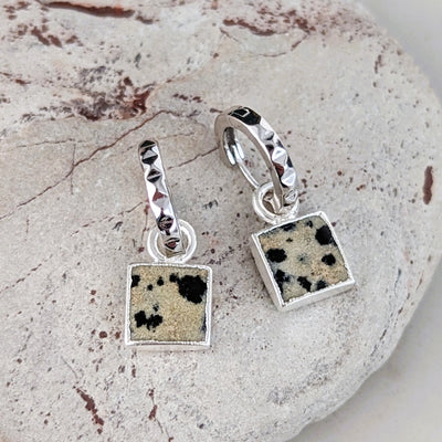 silver dalmatian jasper square charm earrings