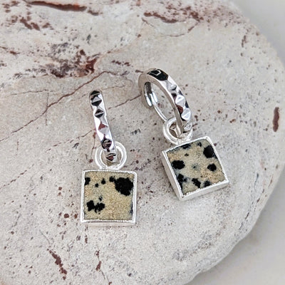 The Square Dalmatian Jasper Gemstone Hoop Earrings - Sterling Silver