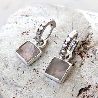 sterling silver rose quartz square charm hoop earrings