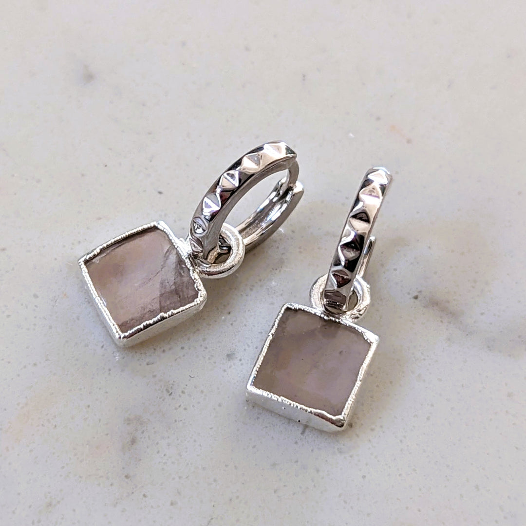 sterling silver rose quartz square charm hoop earrings