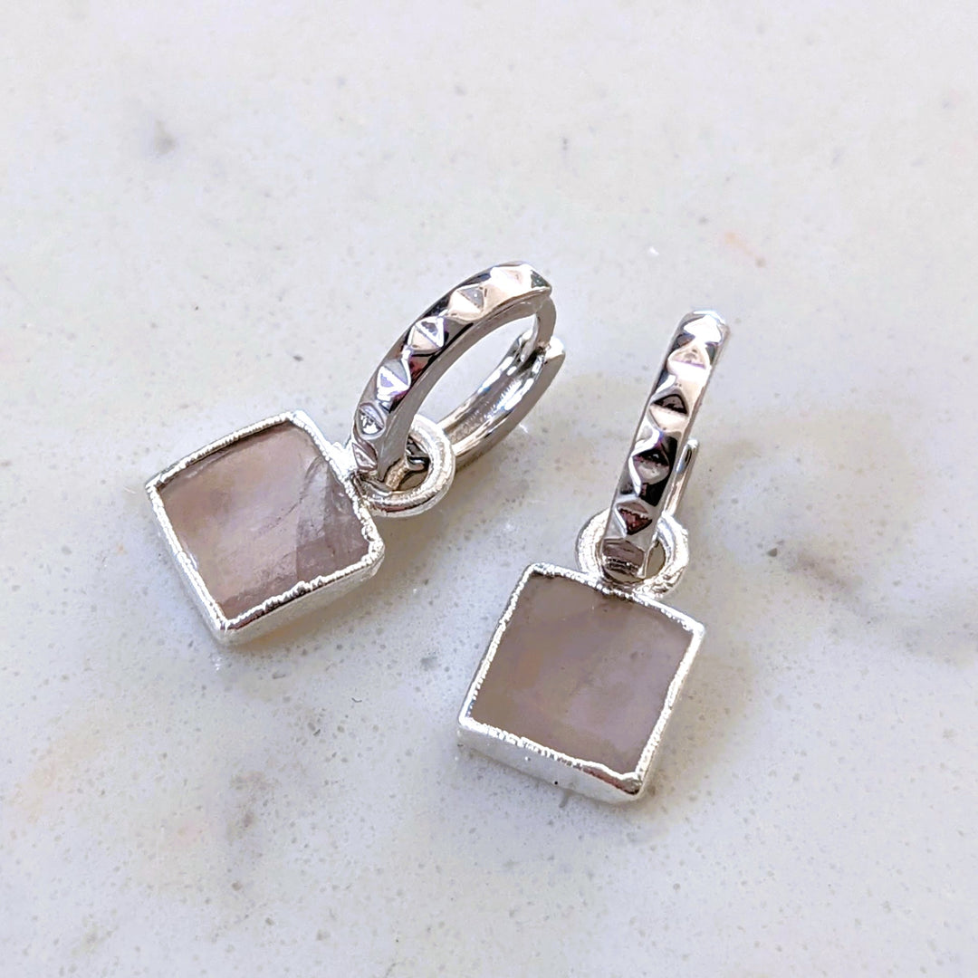 sterling silver rose quartz square charm earrings