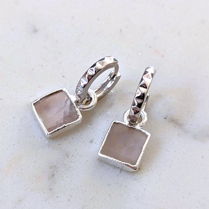 sterling silver rose quartz square charm earrings