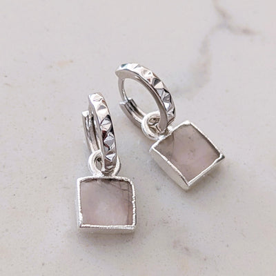 sterling silver rose quartz square charm hoop earrings