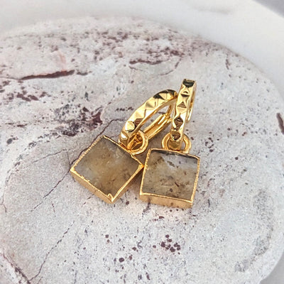 gold plated citrine square charm hoop earrings