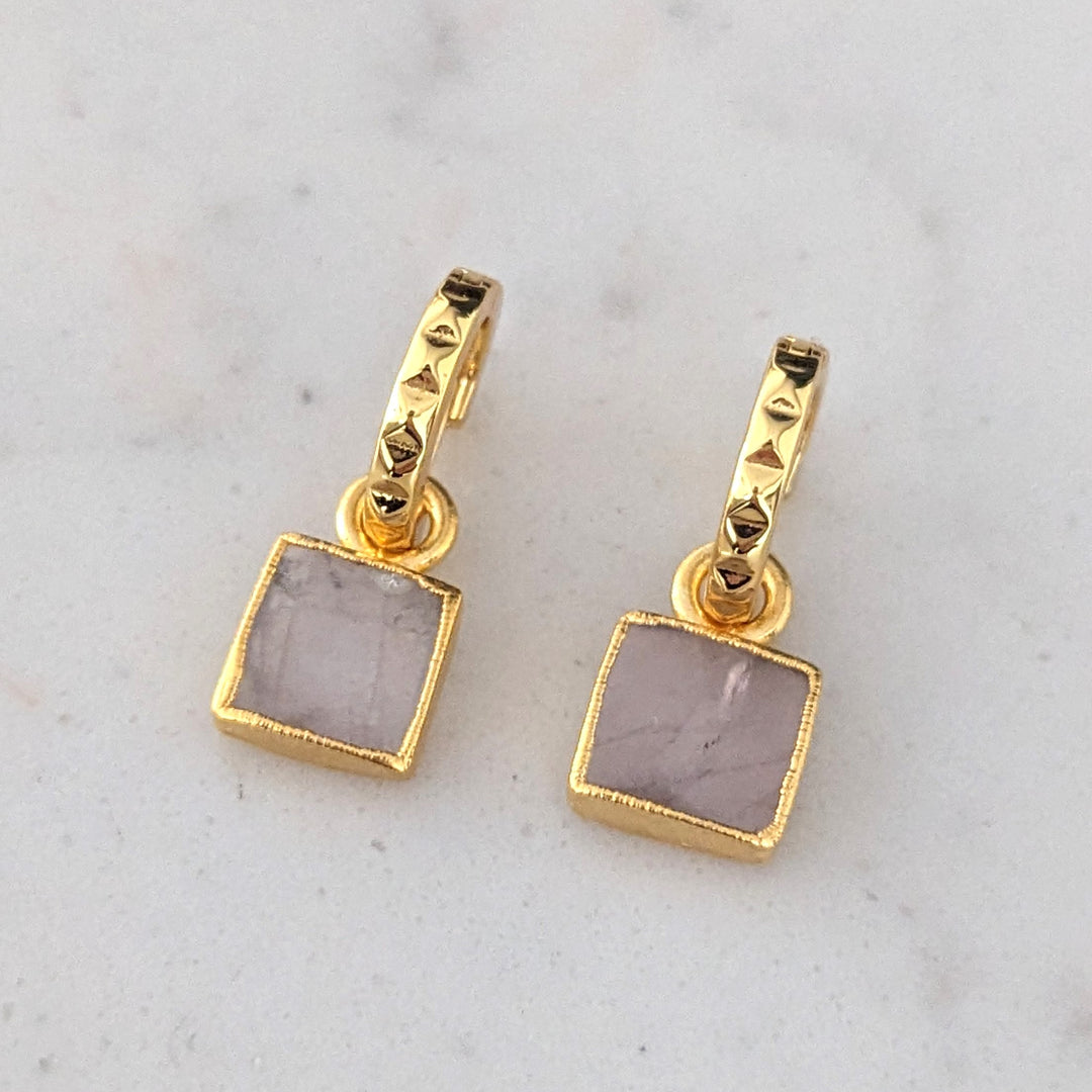 gold plated rose quartz square charm hoop earrings
