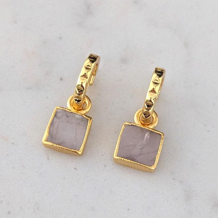 gold plated rose quartz square charm hoop earrings