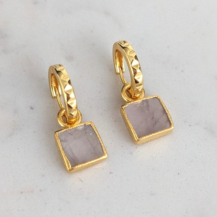 gold plated rose quartz square charm hoop earrings
